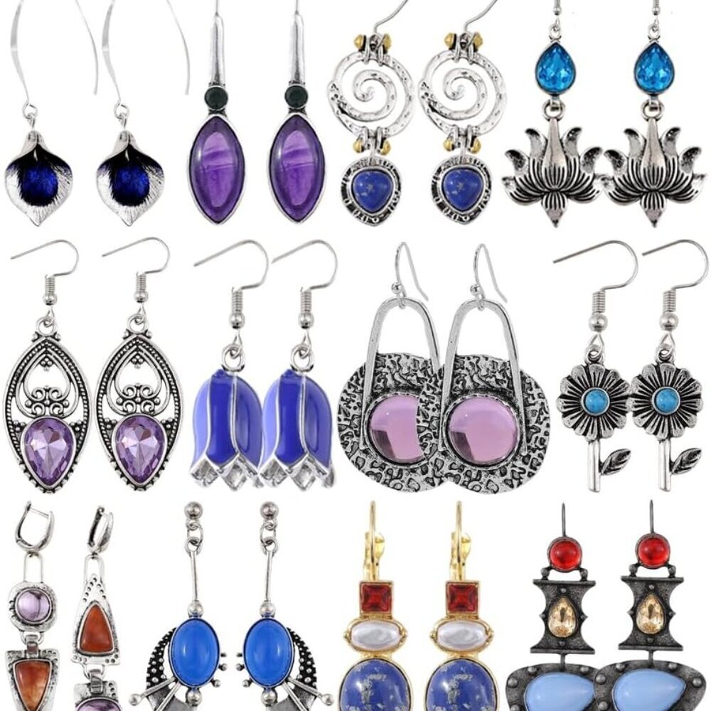 12 Pairs Vintage Geometric Druse Crystal Drop Dangle Earrings Ethnic Style Boho